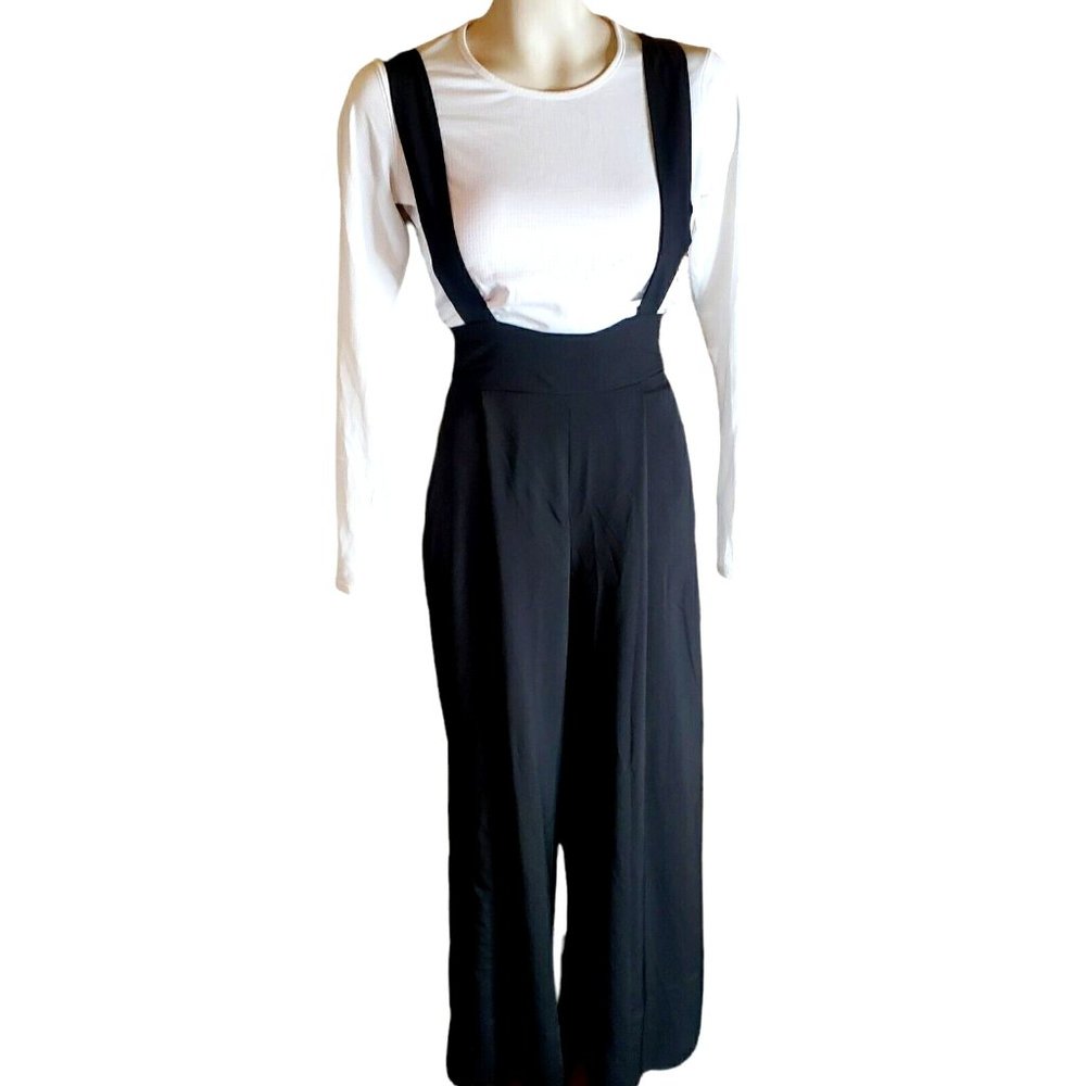 Unique Vintage Women Black Stretch Waist Suspenders Wide Leg Pants Size 10/12 L
